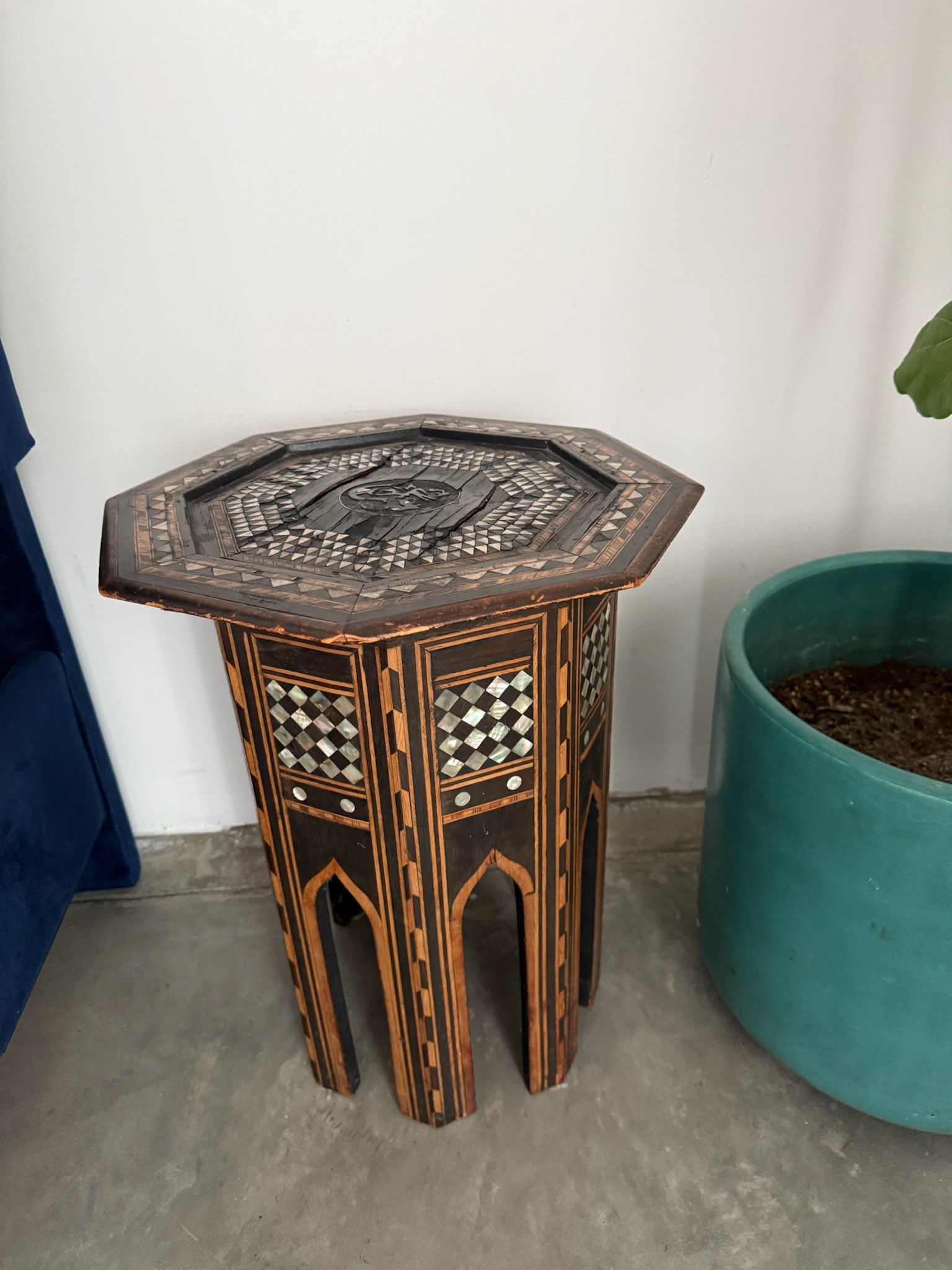 Ornate moroccan side table geometric inlay