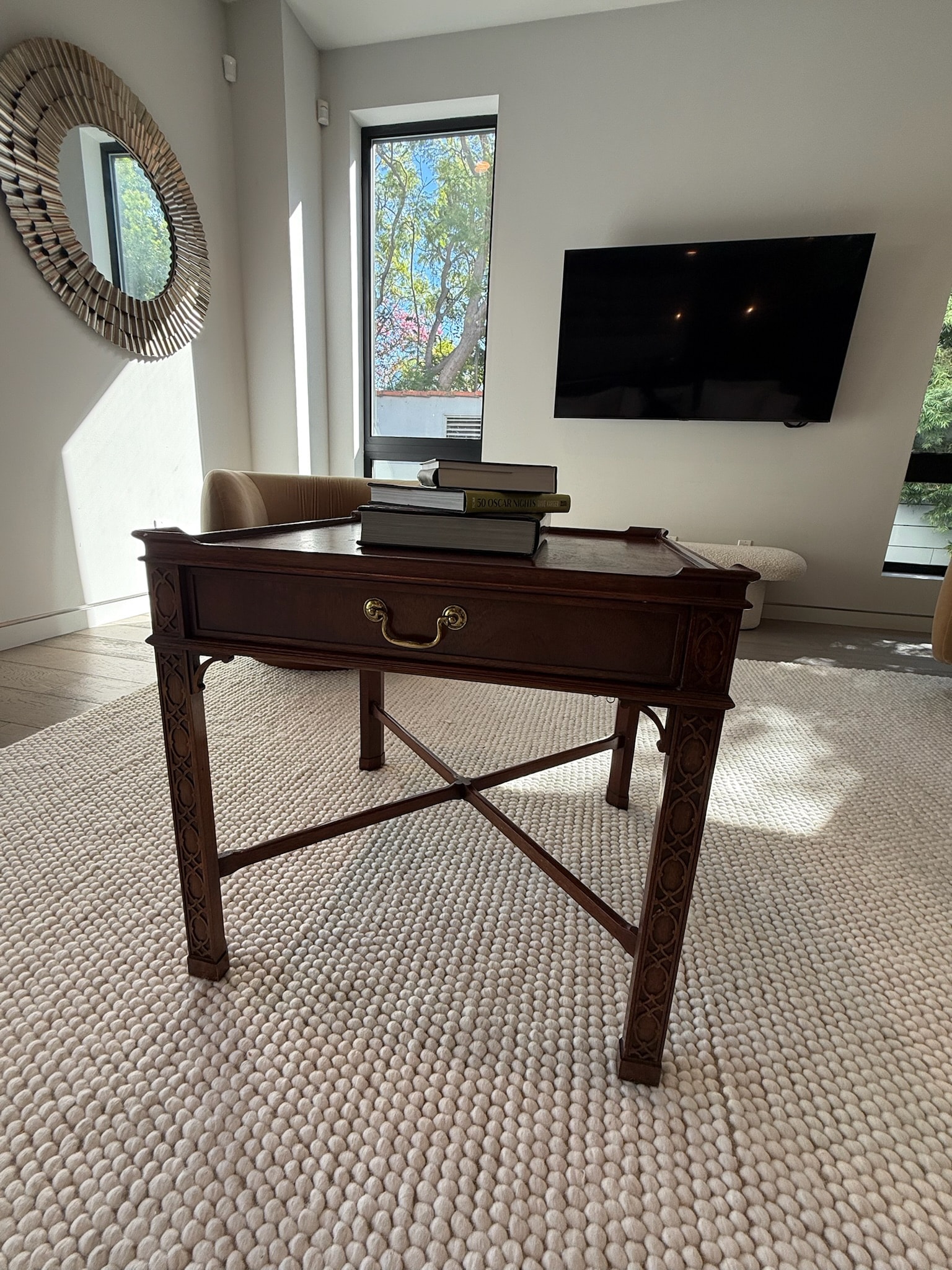 Modern home office with wooden desk