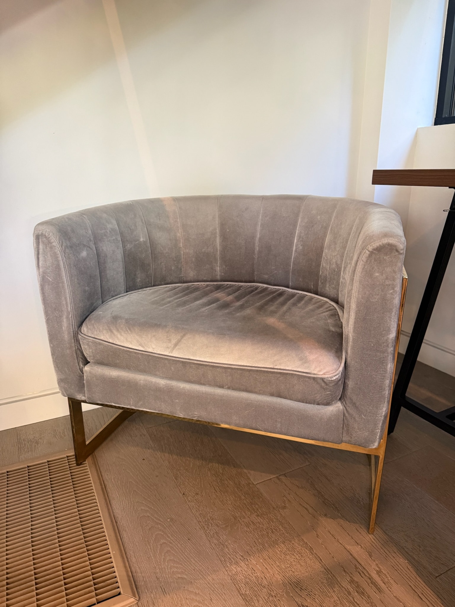 Gray velvet barrel chair wooden legs