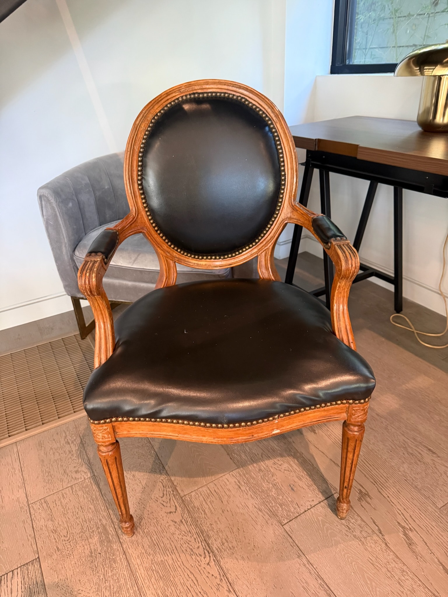 Classical wooden chair black leather upholstery
