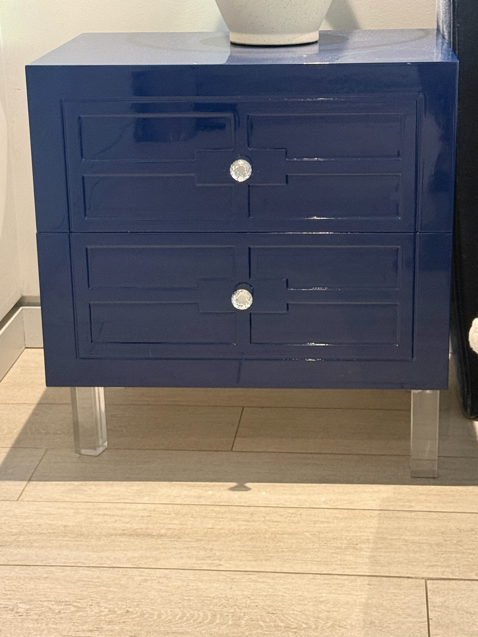Navy blue nightstand two drawers ceramic pot