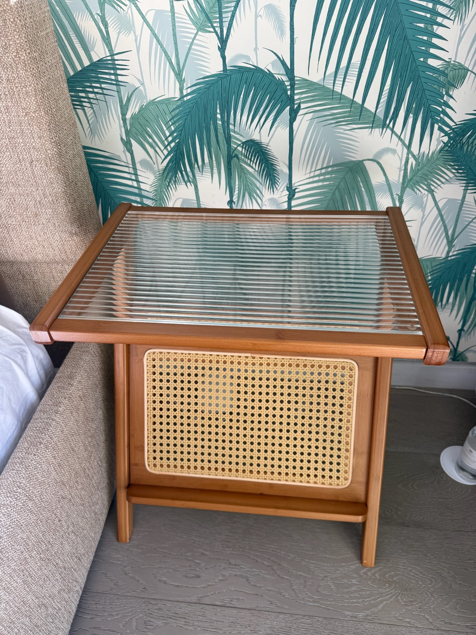 Mid-century wooden side table rattan panel
