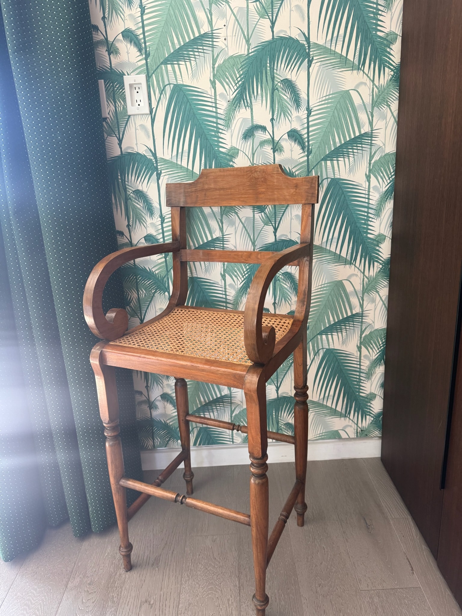Wooden bar stool with woven rattan seat