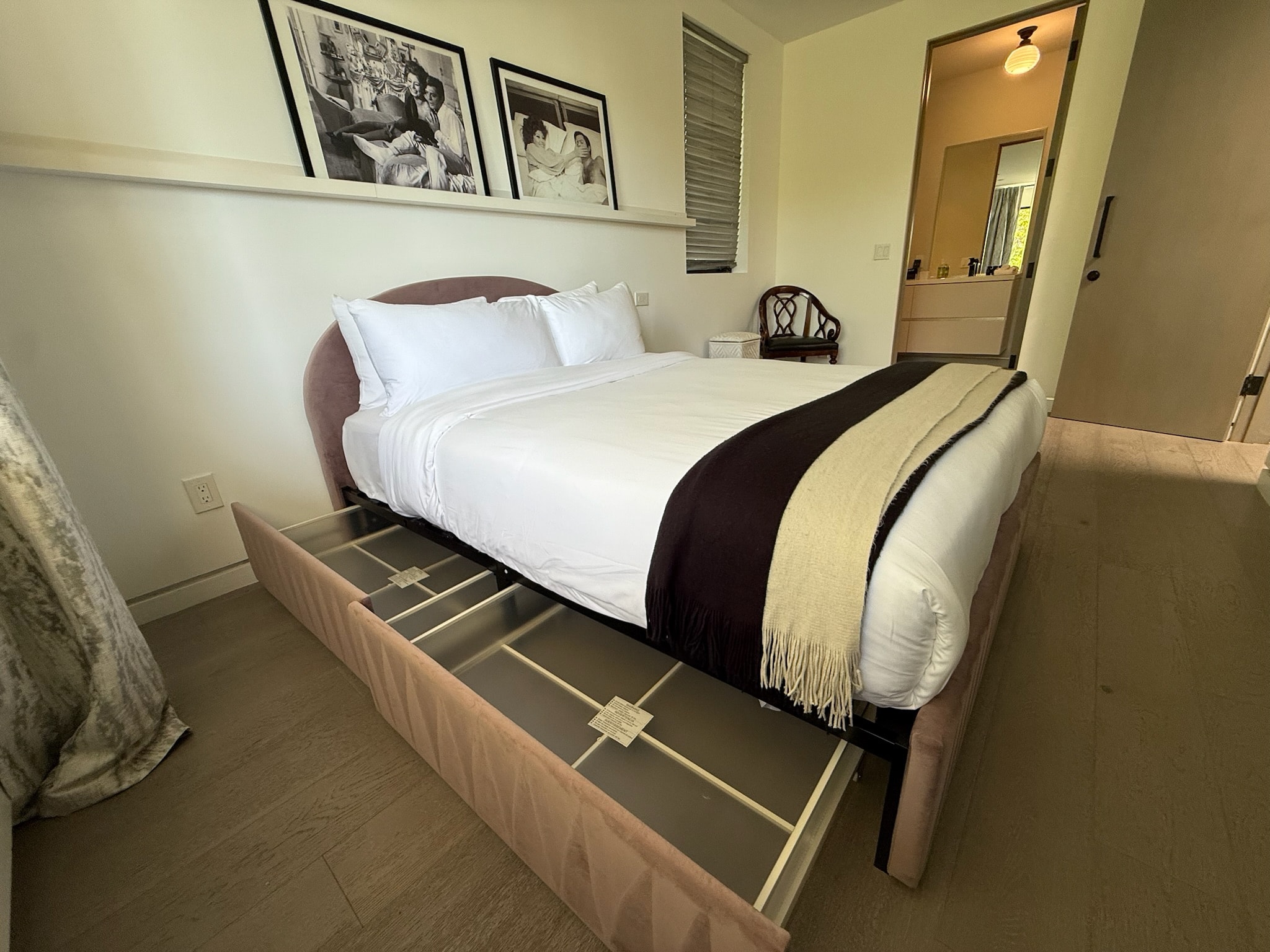 Modern bedroom with storage bed drawers